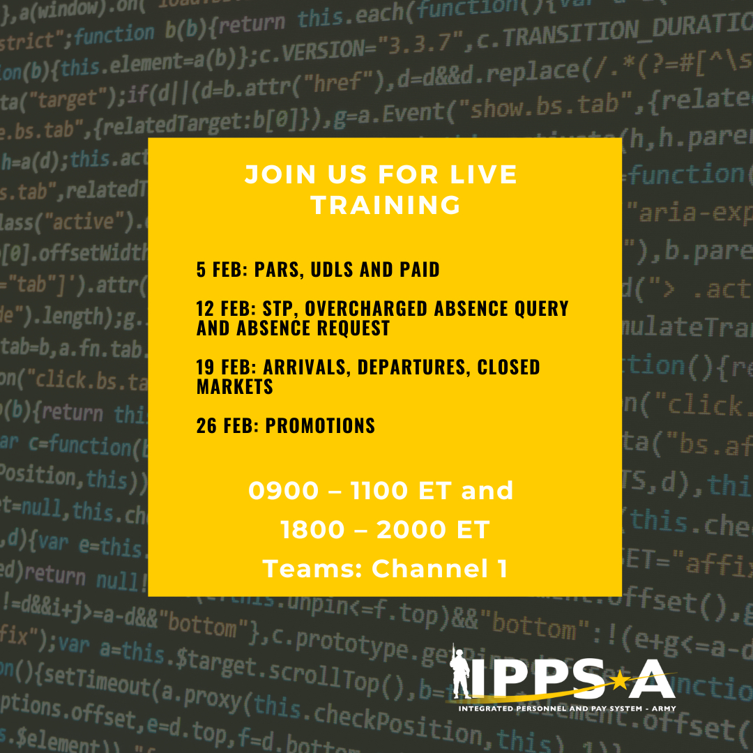 Join us for live training!  This month’s topics include: PARs, UDLs, Arrivals, Closed Markets, Promotions & more on Wednesdays, from 0900 – 1100 ET or 1800 – 2000 ET. Teams: Channel 1